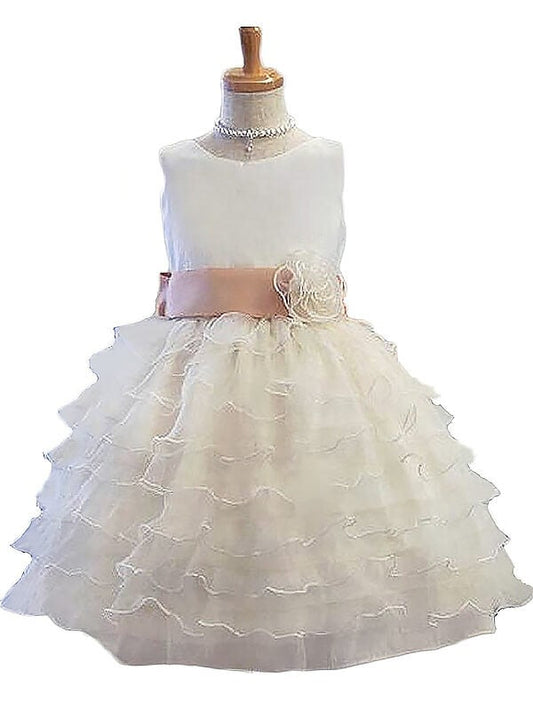 A-Line/Princess Sleeveless Jewel Hand-Made Flower Tulle Short/Mini Flower Girl Dresses CICIP0007643