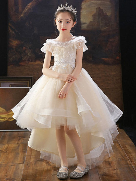 A-Line/Princess Tulle Applique Off-the-Shoulder Short Sleeves Asymmetrical Flower Girl Dresses CICIP0007511