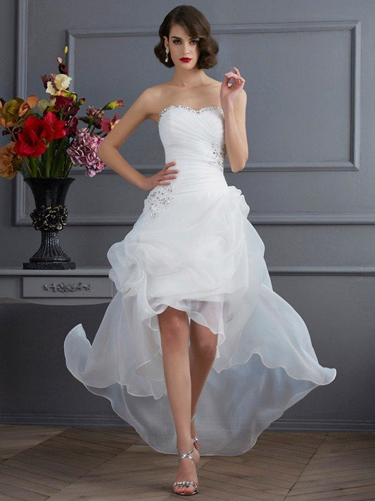 A-Line/Princess Sweetheart Sleeveless Beading High Low Organza Wedding Dresses CICIP0006231