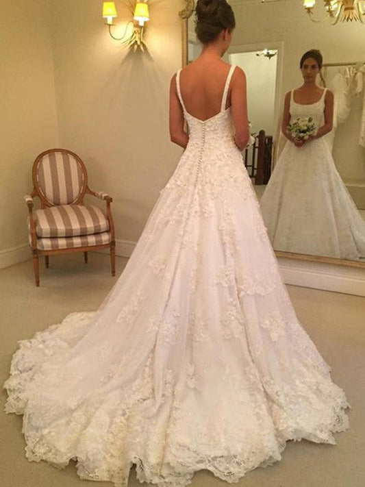 A-Line/Princess Sleeveless Straps Square Court Train Applique Lace Wedding Dresses CICIP0006364