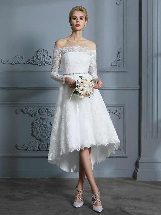 A-Line/Princess Long Sleeves Off-the-Shoulder Asymmetrical Lace Wedding Dresses CICIP0006338