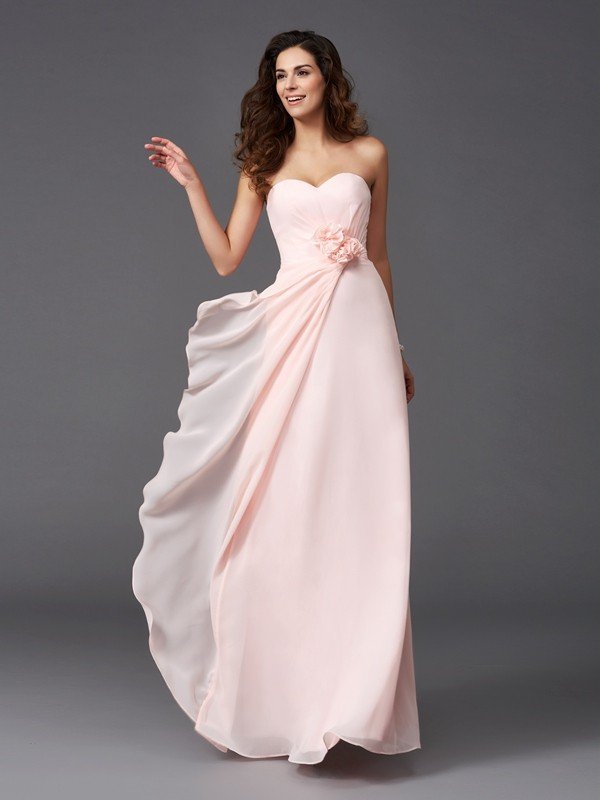 A-Line/Princess Sweetheart Hand-Made Flower Sleeveless Long Chiffon Bridesmaid Dresses CICIP0005192
