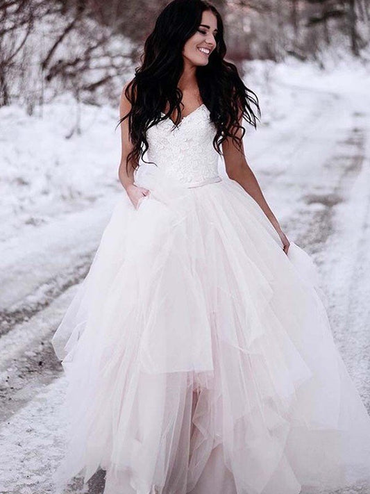 A-Line/Princess Ruched Tulle V-neck Sleeveless Floor-Length Wedding Dresses CICIP0005916