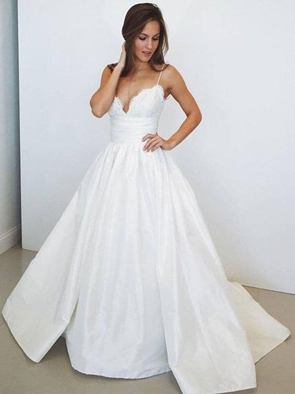 Ball Gown Sleeveless Spaghetti Straps Ruched Satin Sweep/Brush Train Wedding Dresses CICIP0006574