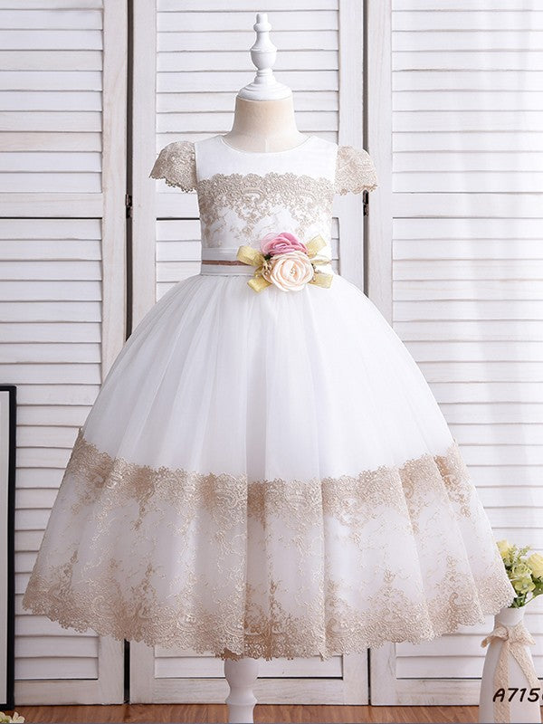 Ball Gown Lace Hand-Made Flower Scoop Short Sleeves Ankle-Length Flower Girl Dresses CICIP0007514