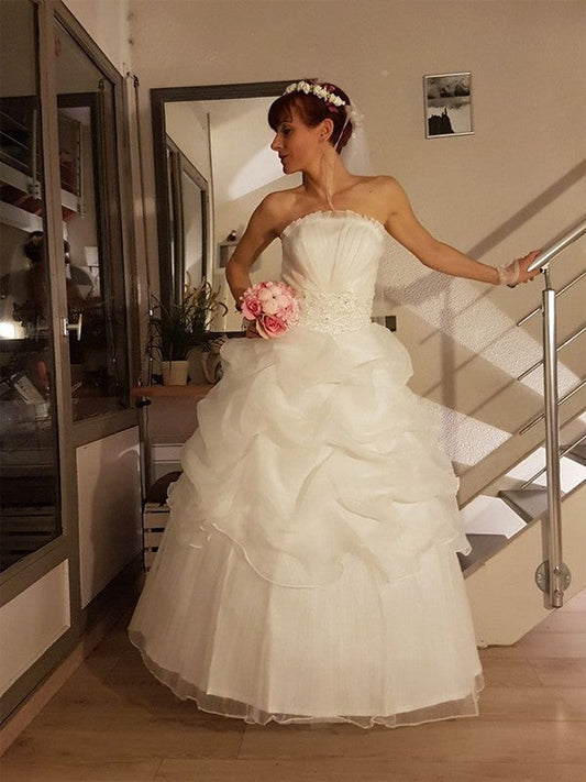 Ball Gown Strapless Sleeveless Ruffles Floor-Length Tulle Wedding Dresses CICIP0006996