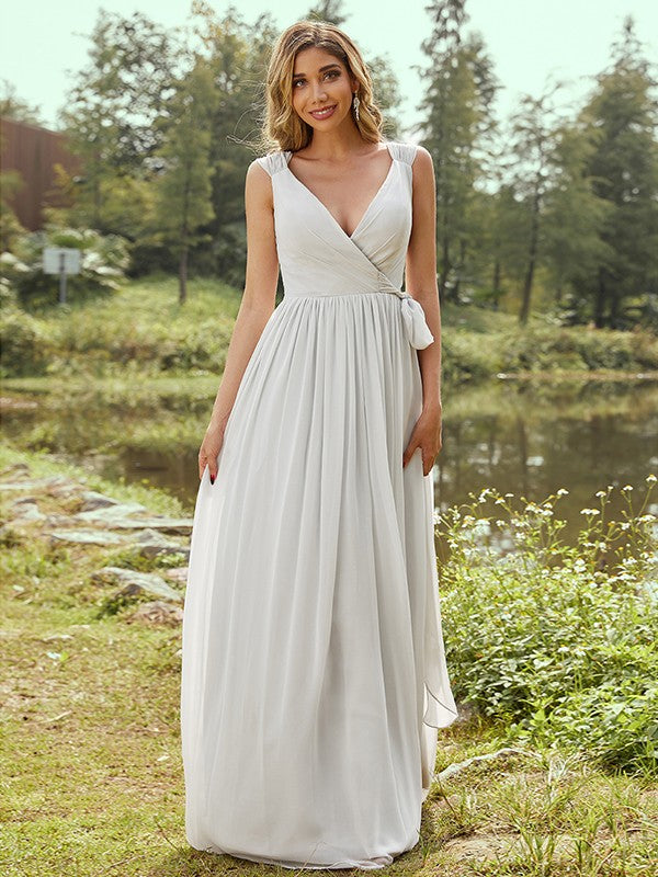 A-Line/Princess Chiffon Ruffles V-neck Sleeveless Floor-Length Bridesmaid Dresses CICIP0004971