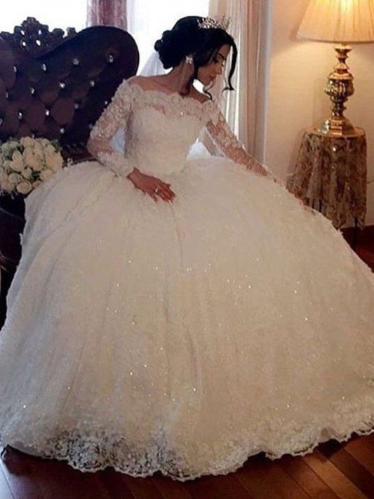 Ball Gown Bateau Long Sleeves Floor-Length Lace Wedding Dresses CICIP0005988