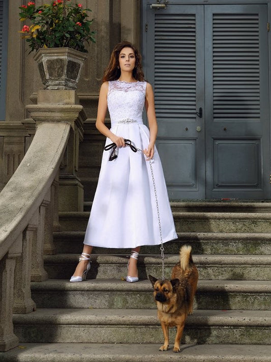 A-Line/Princess Bateau Applique Sleeveless Long Satin Wedding Dresses CICIP0006714