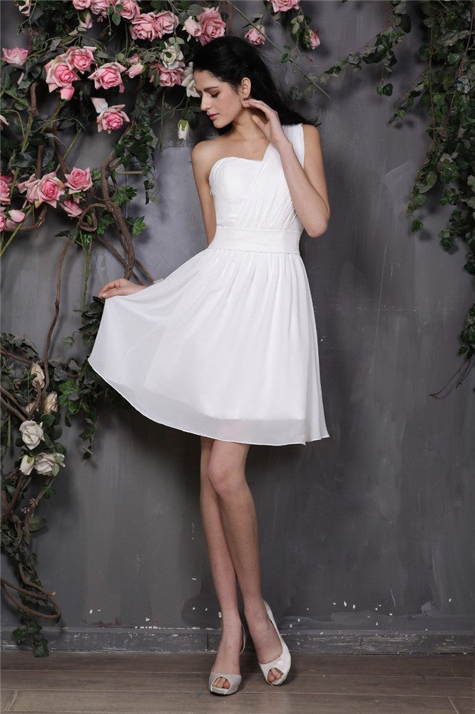 A-Line/Princess One-Shoulder Sleeveless Pleats Short Chiffon Bridesmaid Dresses CICIP0005719