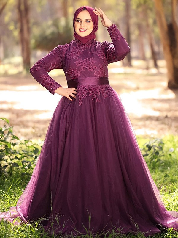 Ball Gown High Neck Tulle Applique Long Sleeves Sweep/Brush Train Muslim Dresses CICIP0004669
