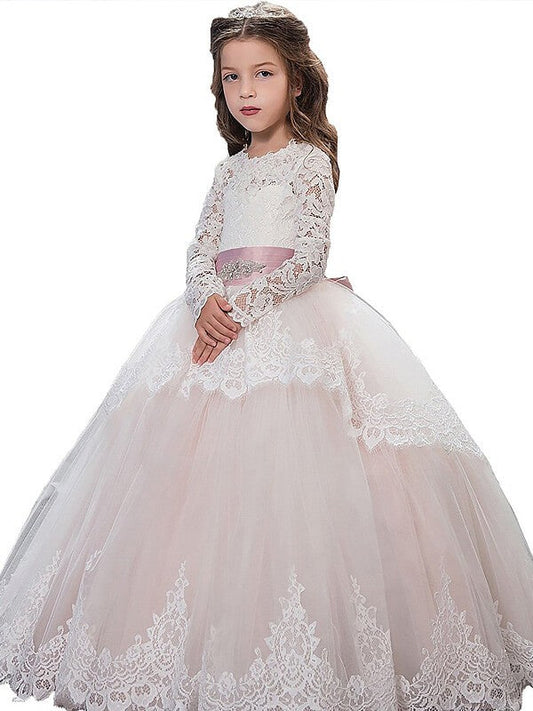 Ball Gown Jewel Long Sleeves Lace Floor-Length Tulle Flower Girl Dresses CICIP0007626