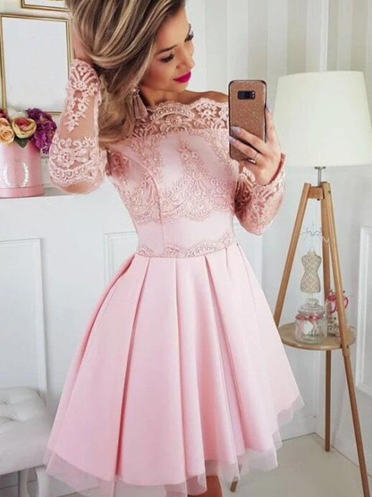A-Line/Princess Satin Lace Off-the-Shoulder Long Sleeves Short/Mini Homecoming Dresses CICIP0003241