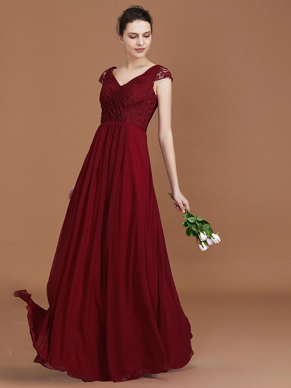 A-Line/Princess Lace Short Sleeves Chiffon Ruched V-neck Floor-Length Bridesmaid Dresses CICIP0005649