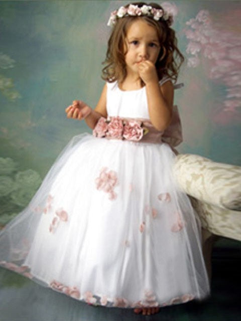 A-line/Princess Sleeveless Scoop Hand-made Flower Long Tulle Flower Girl Dresses CICIP0007561