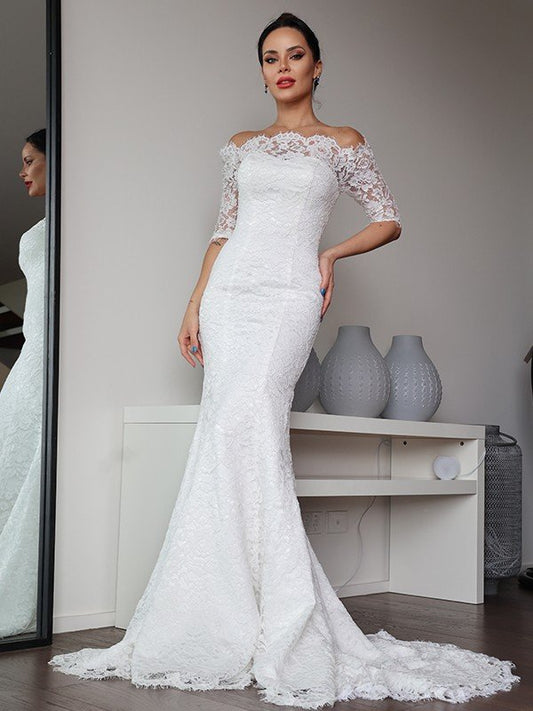 Sheath/Column Lace Ruffles Off-the-Shoulder 1/2 Sleeves Sweep/Brush Train Wedding Dresses CICIP0005995