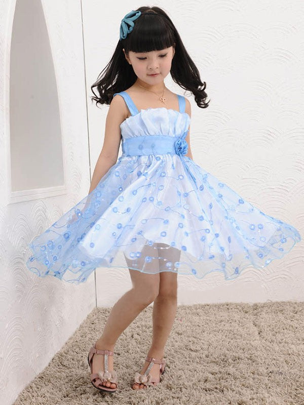 A-line/Princess Straps Sleeveless Hand-made Flower Short Tulle Flower Girl Dresses CICIP0007811
