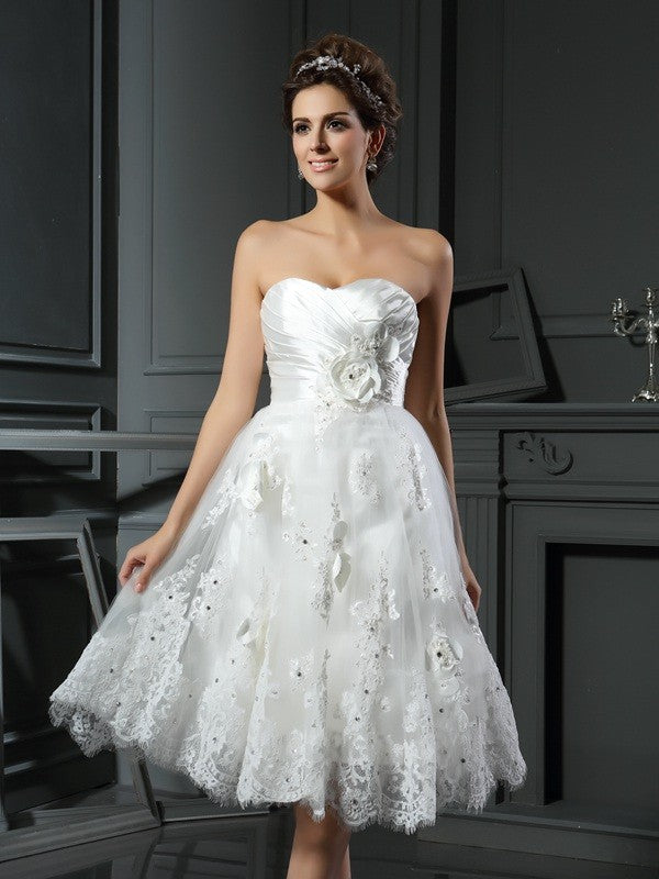 A-Line/Princess Sweetheart Ruched Sleeveless Short Satin Wedding Dresses CICIP0006598