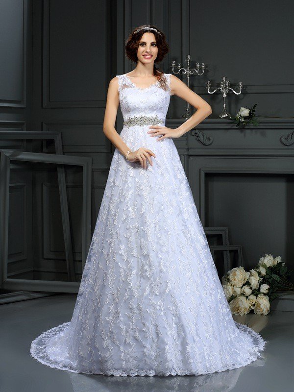 A-Line/Princess V-neck Lace Sleeveless Long Satin Wedding Dresses CICIP0006717