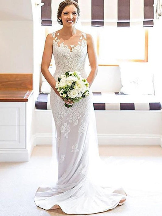 Sheath/Column Scoop Applique Sleeveless Lace Court Train Wedding Dresses CICIP0006572