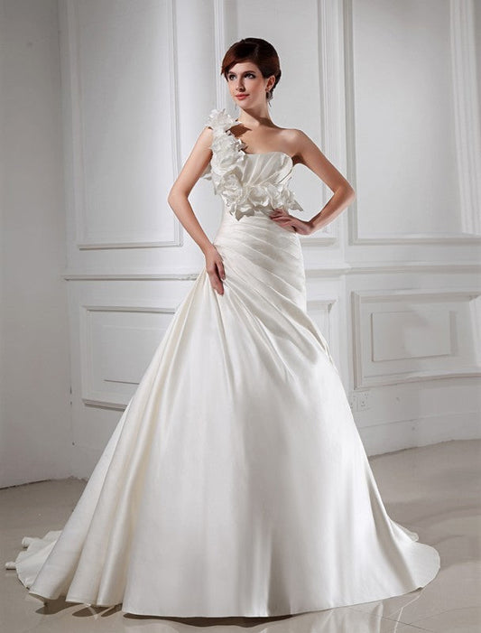 A-Line/Princess One-shoulder Hand-made Flower Sleeveless Satin Wedding Dresses CICIP0006980