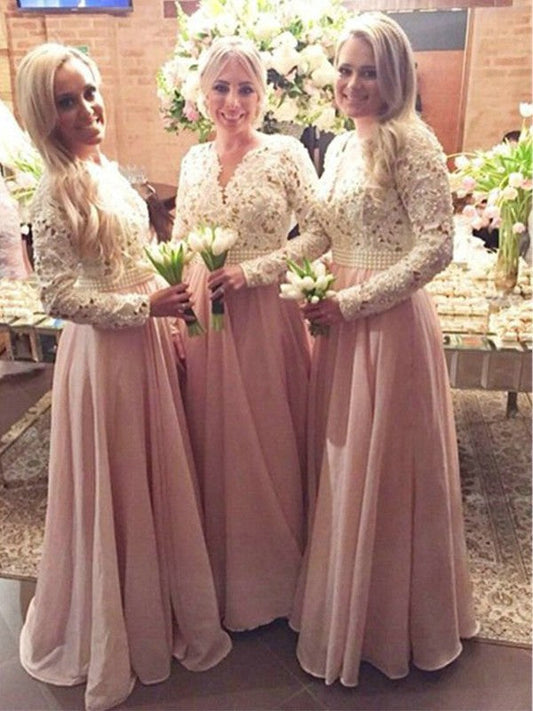A-Line/Princess Long Sleeves V-neck Floor-Length Lace Chiffon Bridesmaid Dresses CICIP0005083