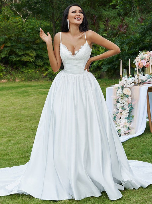 Ball Gown Lace Ruffles V-neck Sleeveless Sweep/Brush Train Wedding Dresses CICIP0005959