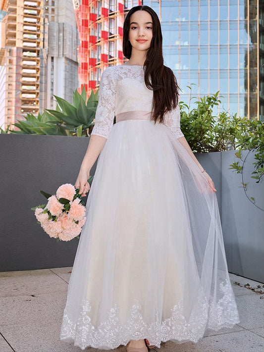 A-Line/Princess Lace Applique Scoop 3/4 Sleeves Floor-Length Junior Bridesmaid Dresses CICIP0005859