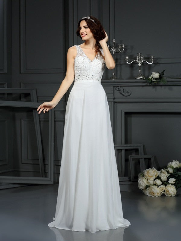 A-Line/Princess V-neck Lace Sleeveless Long Chiffon Wedding Dresses CICIP0006576