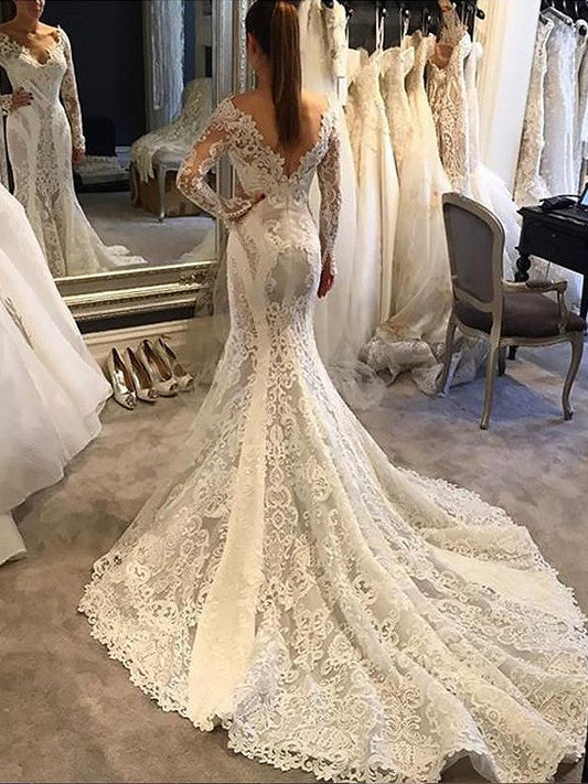 Trumpet/Mermaid V-neck Long Sleeves Court Train Lace Wedding Dresses CICIP0006111