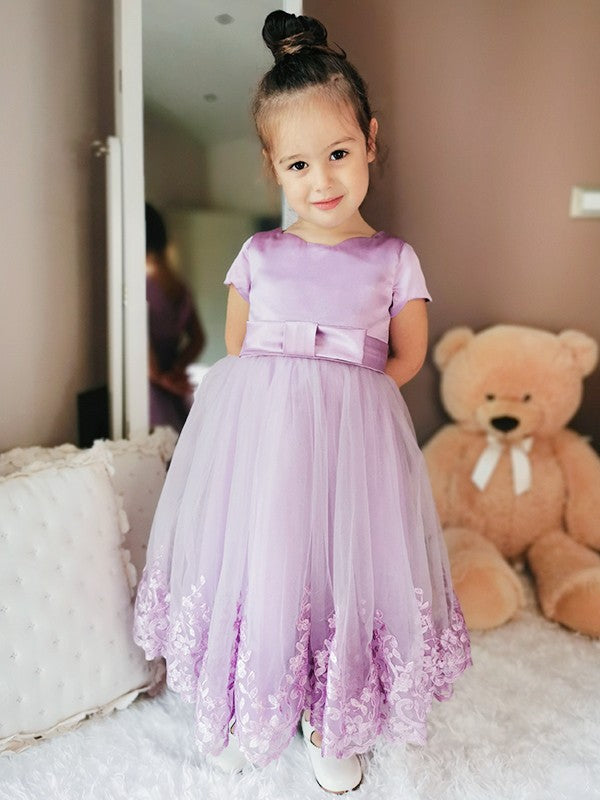 A-Line/Princess Tulle Lace Scoop Short Sleeves Ankle-Length Flower Girl Dresses CICIP0007467