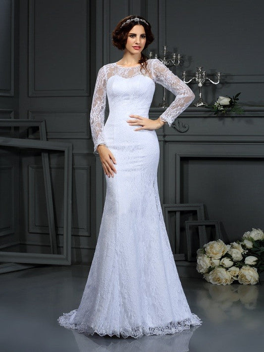 Sheath/Column Scoop Lace Long Sleeves Long Satin Wedding Dresses CICIP0006422