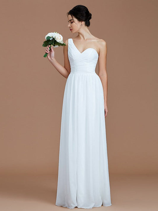 A-Line/Princess One-Shoulder Sleeveless Ruched Floor-Length Chiffon Bridesmaid Dresses CICIP0005033