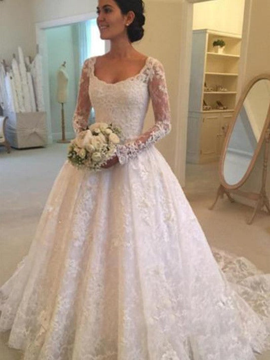 Ball Gown Long Sleeves Scoop Cathedral Train Ruffles Lace Wedding Dresses CICIP0006348