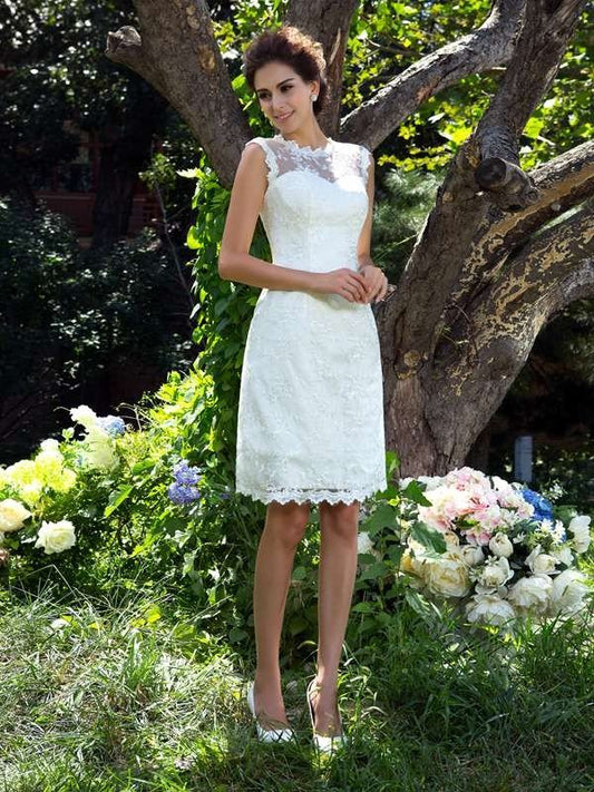A-Line/Princess Sheer Neck Applique Sleeveless Short Satin Wedding Dresses CICIP0006594