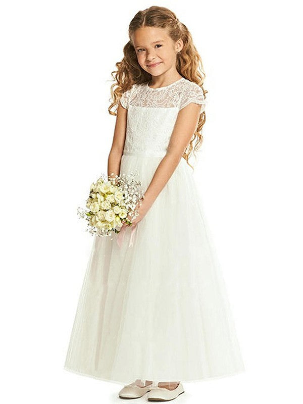 A-Line/Princess Tulle Lace Scoop Short Sleeves Ankle-Length Flower Girl Dresses CICIP0007868
