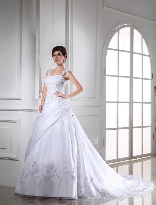 Ball Gown Beading Sleeveless Long Satin Organza Wedding Dresses CICIP0006759
