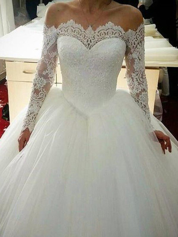 Ball Gown Tulle Applique Off-the-Shoulder Long Sleeves Sweep/Brush Train Wedding Dresses CICIP0006559