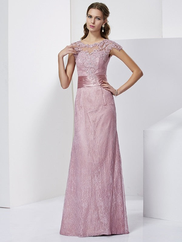 Sheath/Column High Neck Short Sleeves Lace Long Elastic Woven Satin Mother of the Bride Dresses CICIP0007312