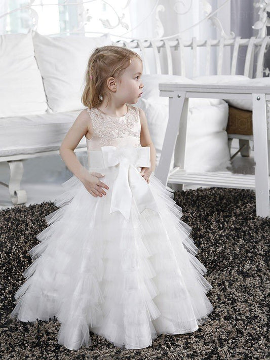 A-line/Princess Scoop Bowknot Sleeveless Long Tulle Flower Girl Dresses CICIP0007810