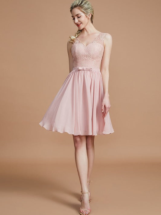 A-Line/Princess V-neck Sleeveless Lace Short/Mini Chiffon Bridesmaid Dresses CICIP0005355