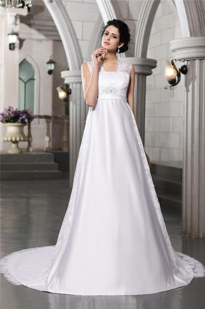 A-Line/Princess Sleeveless Lace Long Satin Wedding Dresses CICIP0006908