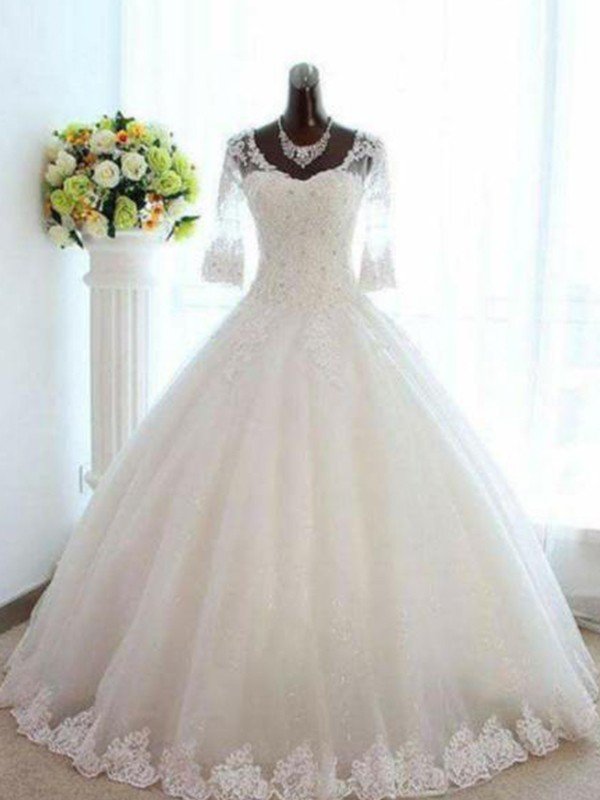 Ball Gown V-neck Beading Tulle 3/4 Sleeves Bateau Floor-Length Wedding Dresses CICIP0006604
