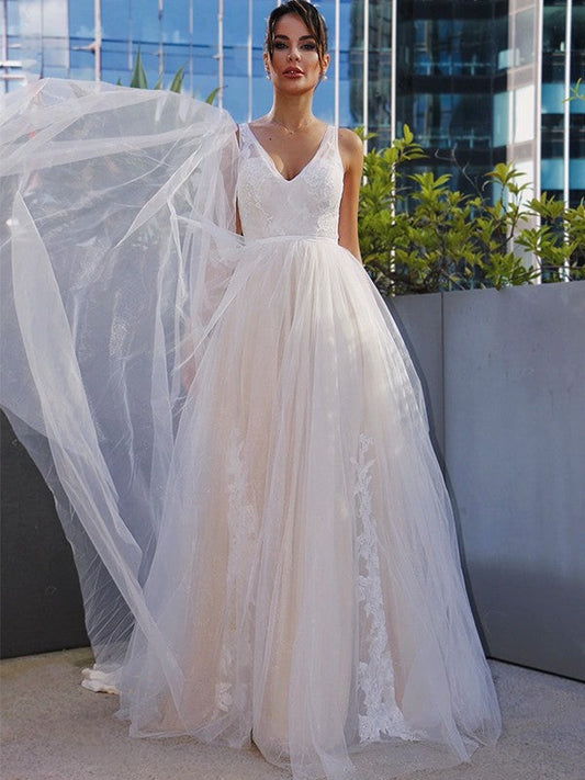 A-Line/Princess Tulle V-neck Applique Sleeveless Sweep/Brush Train Wedding Dresses CICIP0006067