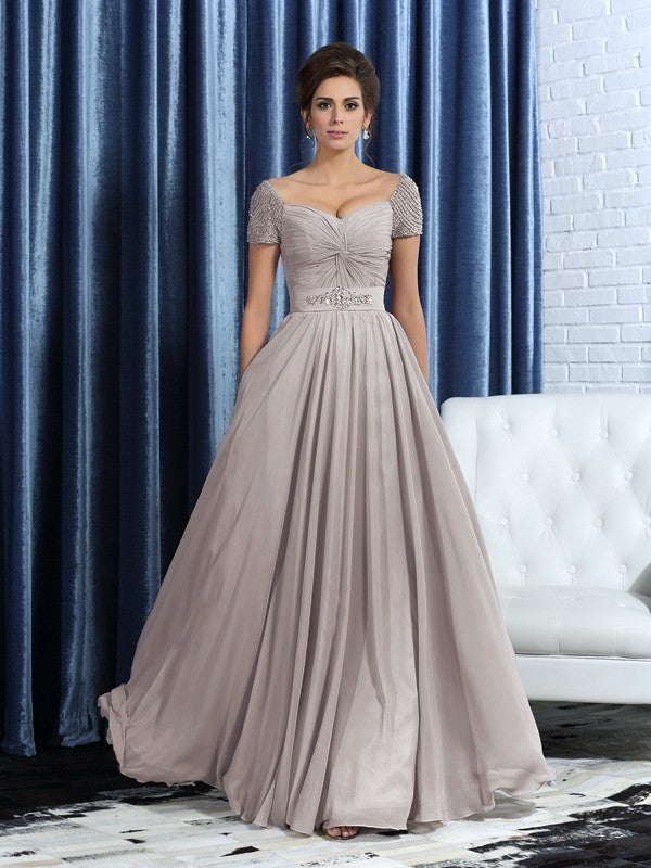 A-Line/Princess Sweetheart Beading Short Sleeves Long Chiffon Mother of the Bride Dresses CICIP0007093