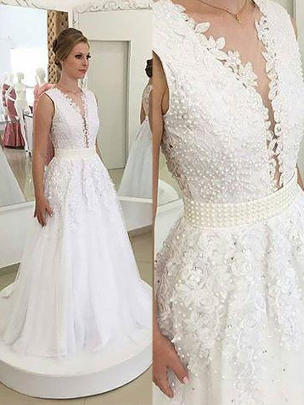 A-Line/Princess V-neck Applique Sleeveless Sweep/Brush Train Tulle Wedding Dresses CICIP0006568