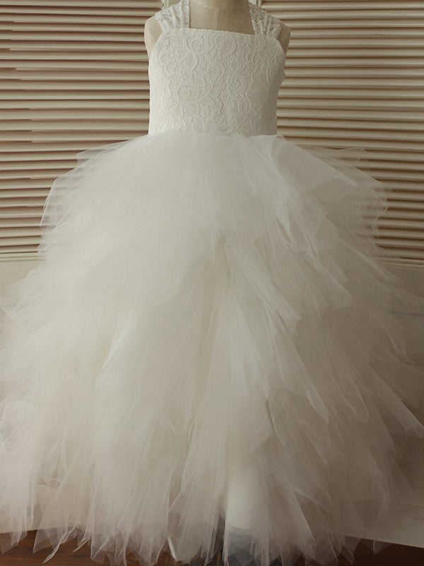 A-Line/Princess Ankle-Length Straps Lace Sleeveless Tulle Flower Girl Dresses CICIP0007555