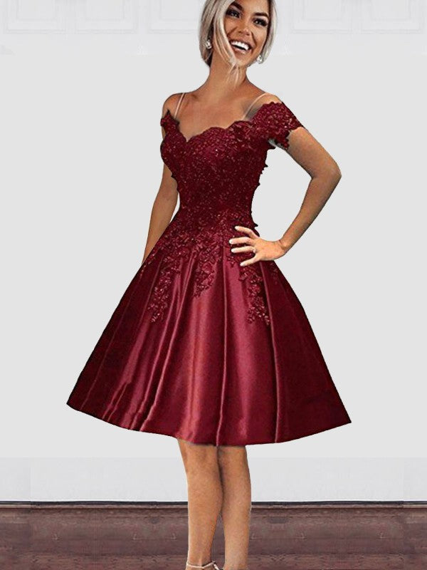A-Line Off-the-Shoulder Cut Short With Applique Satin Burgundy Homecoming Dresses CICIP0008157