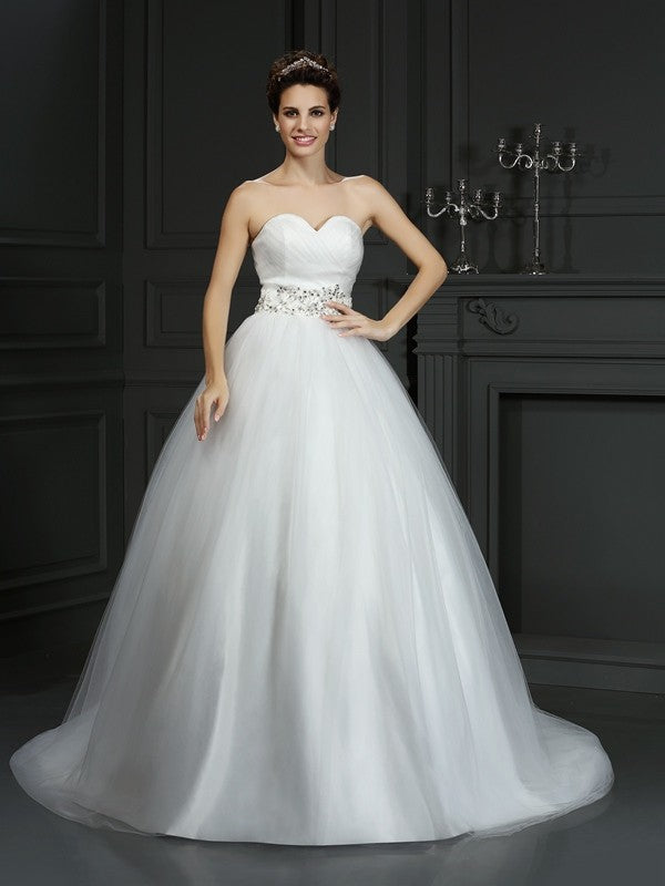 Ball Gown Sweetheart Beading Sleeveless Long Net Wedding Dresses CICIP0006566