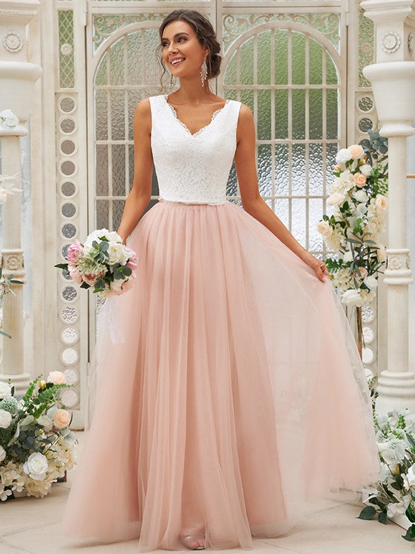 A-Line/Princess Tulle Lace V-neck Sleeveless Floor-Length Bridesmaid Dresses CICIP0004942